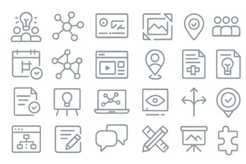 A set of simple, thin-line icons depicting various concepts such as collaboration, scheduling, social media, location, files, and presentations