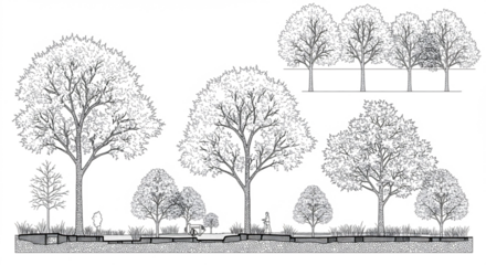 Minimal style cad tree line drawing, Side view, set of graphics trees elements outline symbol for architecture and landscape design drawing. Vector illustration in stroke fill in white