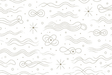 Abstract pattern with infinity symbols, waves, and stars on a soft blue background.