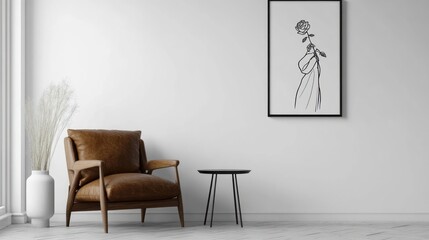 Modern minimalist interior featuring a framed art piece and comfortable seating