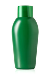 Green plastic shampoo bottle with closed cap isolated on white background with clipping path