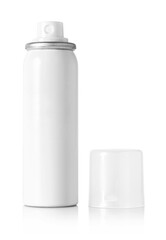 White aerosol spray can with open cap isolated on white background for packaging or product mockup design
