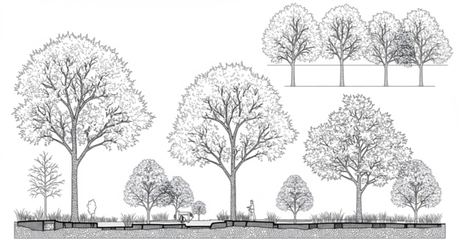 Minimal style cad tree line drawing, Side view, set of graphics trees elements outline symbol for architecture and landscape design drawing. Vector illustration in stroke fill in white