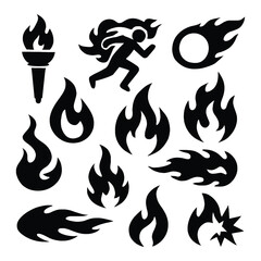 Black flame icons set isolated on white background