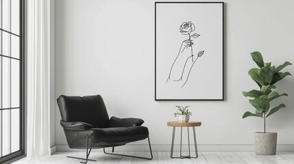 Minimalist line art rose illustration on a framed print, displayed in a modern room