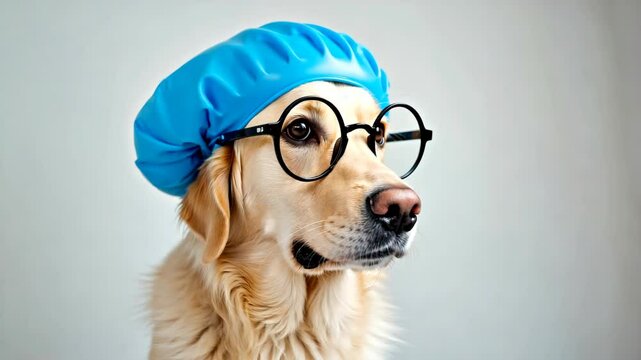 Amusing medium close-up of a golden retriever dog wearing a blue swim cap and round nerdy glasses