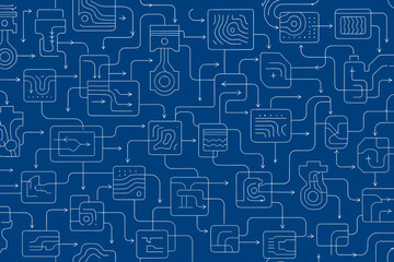 Seamless blueprint-style pattern of abstract mechanical flow diagrams