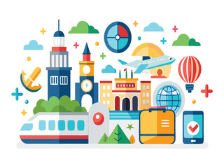 Naklejka premium travel illustration with icons of airplane train and hot air balloon isolated on white background 