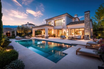 Fototapeta premium luxury mediterranean villa at dusk with illuminated interior, private swimming pool, elegant outdoor seating, stone chimney, manicured garden, and serene atmosphere in an upscale residential area