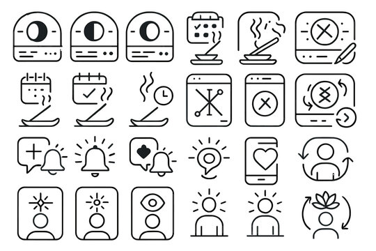 Set of minimalistic line icons representing notifications, wellness, reminders, and personal growth.