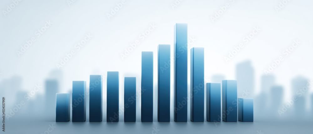Poster bar chart with blue gradient bars representing data analysis against blurred cityscape background