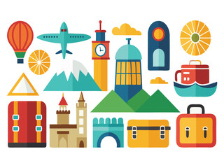 Obraz premium Collection of travel icons flat design style isolated on white background 