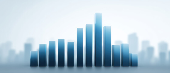Fototapeta premium Bar chart with blue gradient bars representing data analysis against blurred cityscape background