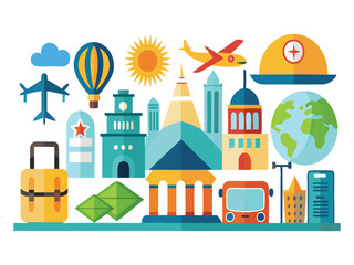 Colorful travel icons cityscape illustration isolated on white background

