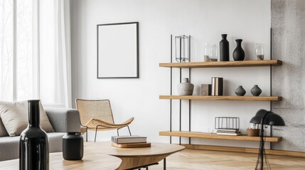 Modern living room interior with wooden shelving