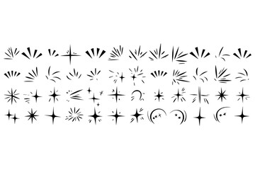 Doodle line sparkle vector set, hand drawn shining stars, comic burst elements, and decorative glowing sparkling star highlight. Cartoon explosion, dynamic light flash, twinkle star, firework effect,