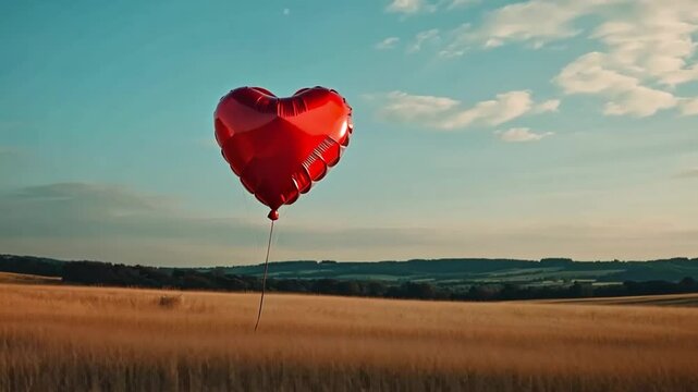 This footage showcases a vibrant red heart balloon soaring in an open field. Ideal for romantic themes and creative projects. Evokes emotion and freedom. Generative AI