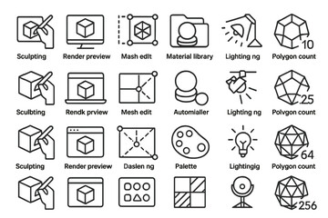 Fototapeta premium 3D modeling tool outline icons with editable text labels