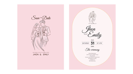 Elegant wedding invitation card background vector. Minimal hand drawn bride and groom in watercolor botanical flowers texture. Design for wedding, vip cover template, rsvp modern card, poster.