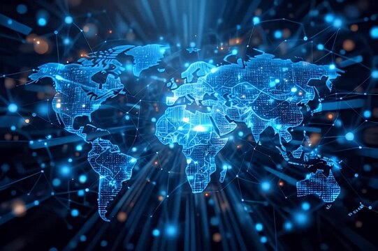 Global Network Connection Digital World Map with Binary Code and Data Flow Visualization