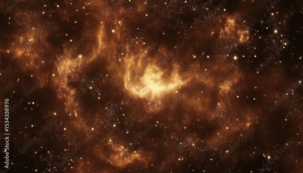 Poster radiant amber nebula cloud with glowing starburst core and dense cosmic dust pattern for sci-fi post