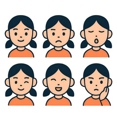 Set of Six Cartoon Female Faces Showing Different Emotions in Simple Style