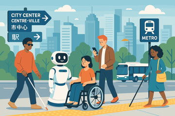 Inclusive smart city scene with assistive tech and diverse people