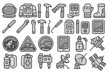 Set of space mission icons with astronaut gear and tools