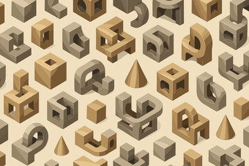 Seamless isometric pattern of abstract geometric 3D shapes in gold tones
