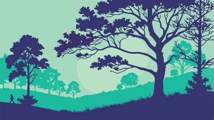 Serene Landscape Design Featuring Silhouetted Trees and a Person Walking a Peaceful Path