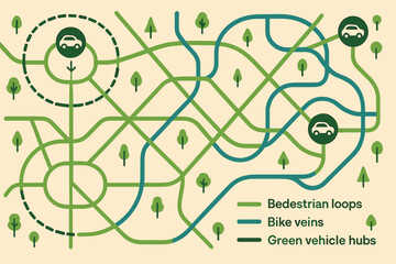 Diagram of a sustainable transit network with pedestrian loops, bike veins, and green vehicle hubs