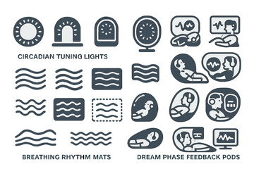 Fototapeta premium Futuristic icon set of sleep tech: lights, mats, and feedback pods