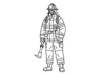 illustration, vector, firefighter, fire, emergency, equipment, safety, isolated, danger, drawing, rescue, fireman, line, protection, uniform, outline, helmet, sketch, symbol, doodle, art, fighter, sig
