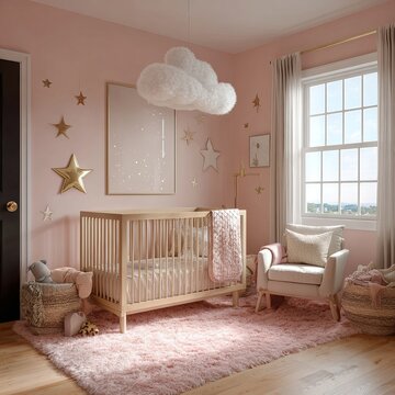 A cozy and modern baby girl nursery room, pastel pink walls, cloud and star decorations, wooden crib, soft natural lighting