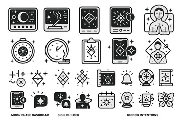 Mystical UI icons for moon phases, sigils, and guided intentions