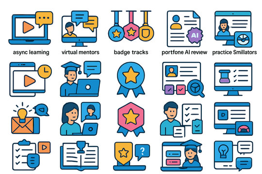 A set of icons depicting online education, learning platforms, and virtual mentorship
