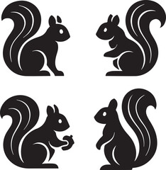 Squirrels in various poses - Black and White Silhouettes