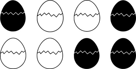 Fototapeta premium Set of broken eggs icon. Black and outline shapes of cracked egg. vector set 