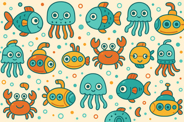 Seamless cartoon ocean pattern with fish, jellyfish, crabs, and submarines