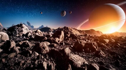 Spectacular view of a ringed planet rising above a rocky alien world with other planets and stars in the background. - Powered by Adobe