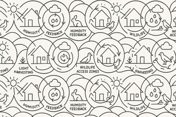 Obraz premium Seamless pattern of eco-home systems with icons for light harvesting, humidity feedback, and wildlife zones