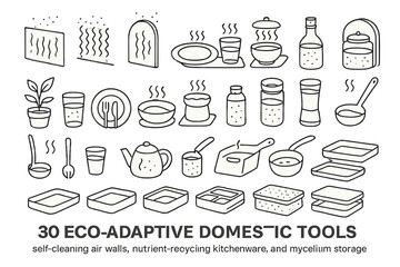30 icons of eco-adaptive kitchen tools and sustainable storage items