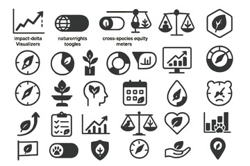Fototapeta premium Icons for ecological impact, nature rights, and equity visualization tools