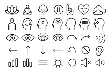 Fototapeta premium Black line icon set for mindfulness, awareness, and sensory focus