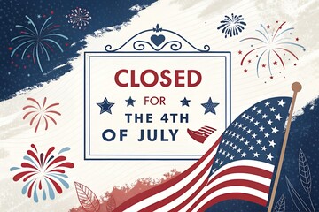 Closed for the fourth of july festive independence day sign with fireworks and american flag