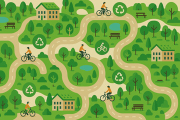 Eco-themed pattern with cyclists, trees, and recycling symbols