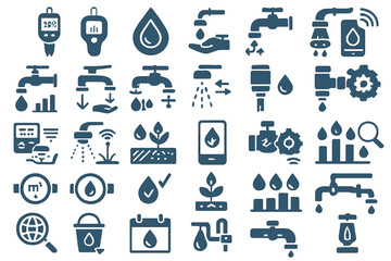 Modern water usage and irrigation icon set with blue highlights