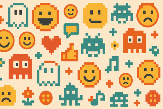 Colorful retro pixel art icons featuring smiley faces, aliens, and video game elements.
