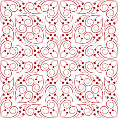 Seamless kaleidoscope red mosaic tile. Bandana design of curved lines. Red curls on transparent background. Stylized branches with berries. Frost pattern on the window. Ethnic nordic style