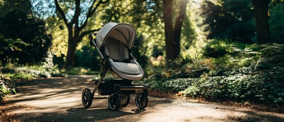 Modern baby stroller on a sunny park path, surrounded by nature, with storage bag underneath